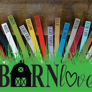 May include: A collection of paint colour samples in various shades, including red, green, white, black, antique white, basic blue, silver, brown, aqua blue, dark pink, clear sealer, light pink, gold, light purple, orange, yellow, and light grey. The samples are arranged in a row on a wooden surface with the words "BARNlove" written in black below them.
