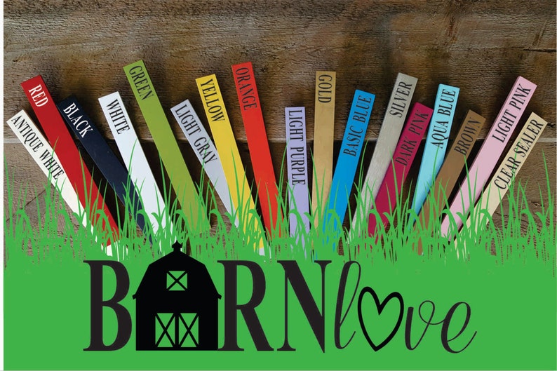 May include: A collection of paint colour samples in various shades, including red, green, white, black, antique white, basic blue, silver, brown, aqua blue, dark pink, clear sealer, light pink, gold, light purple, orange, yellow, and light grey. The samples are arranged in a row on a wooden surface with the words "BARNlove" written in black below them.