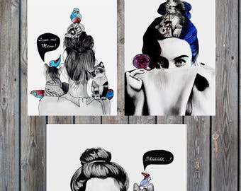 Set of 3 illustrations: Catlovers