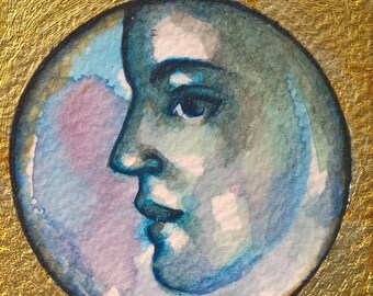 ACEO - small painting - gold leaf - woman profile - original painting - watercolor - gift idea - pink dawn - moon -