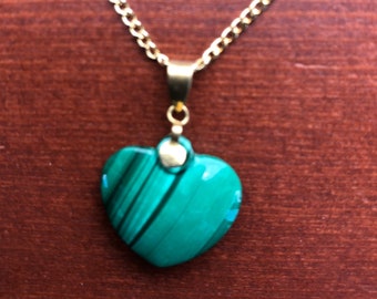 Malachite Gemstone Heart Pendant on Gold Chain