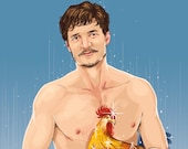 Pedro Pascal teleporting with a mystical chicken (signed prints) © Iván García.