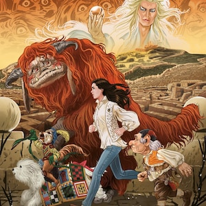 May include: A detailed illustration featuring a central figure in a white shirt and blue jeans running alongside a large orange furry creature, a small dog, and a short person in a vest, with a pale figure holding a sphere in the background.