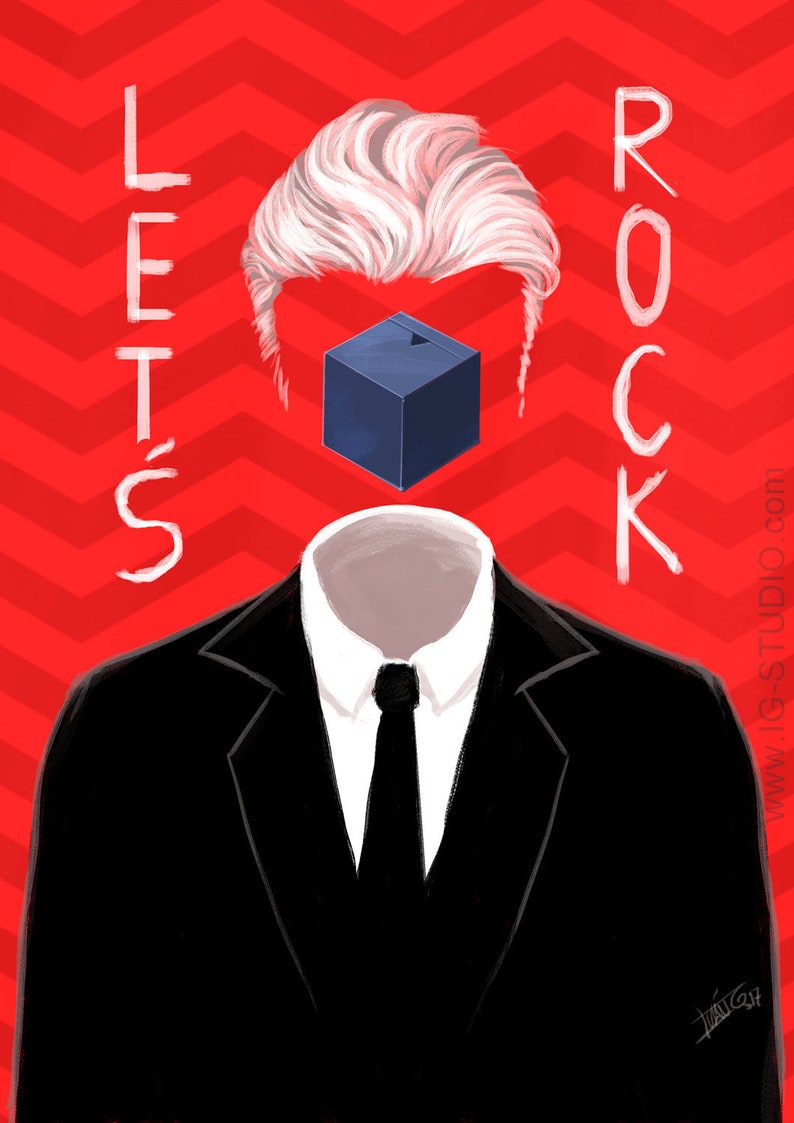 May include: A stylized illustration features a headless man in a black suit and white shirt with a black tie.  His head is replaced by a dark blue cube.  Above him, the words 'LET'S ROCK' are written in white paint-like lettering against a red chevron background. The man's hair is depicted as white and styled in a pompadour. The overall style is reminiscent of 1950s graphic design.