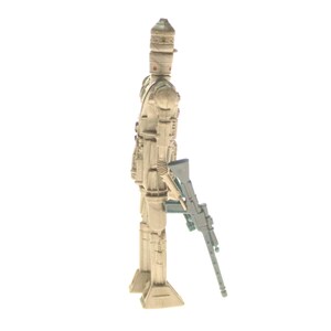 May include: A beige and brown plastic action figure of a Star Wars character, a sandtrooper, holding a black and green blaster rifle.