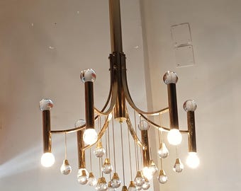 Sciolari brass and crystal glass spheres 6 bulbs 25 glasses Lightolier Made in Italy 1970s