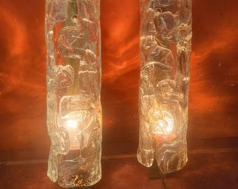 Murano-Wandleuchtenpaar, Eisglas, Messing, authentisch, hergestellt in Italien, 1970er/80er Jahre