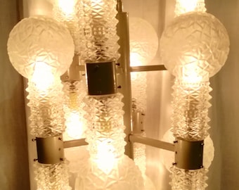 Nason Mazzega chandelier 12 lights 12 crystal lampshades chandelier brutalist chandelier space age Made in Italy 1960s