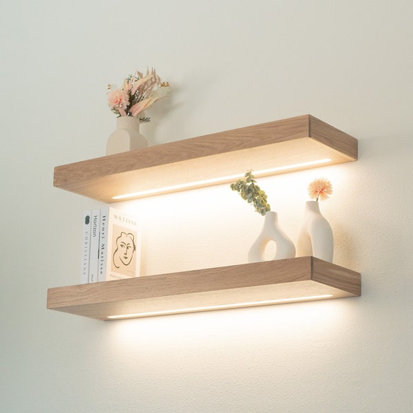 White Oak LED Floating Shelves, White Oak Wood Shelf with Light, FREE Shipping, Recessed Light Strip, Contemporary Style