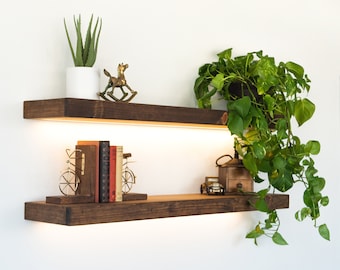 Floating LED Shelves, Hidden Bracket, 3000k, Kitchen Shelving, FREE Shipping, Recessed Light Strip, Rustic / Farmhouse, Any Size, 110-120VAC