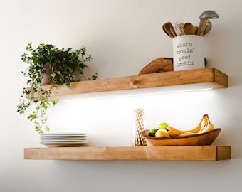 Floating Shelf with LED Lights, Kitchen Shelving, FREE Shipping, Recessed LED Strip, Wood Shelves, Rustic / Farmhouse , Any Size, 110-120VAC