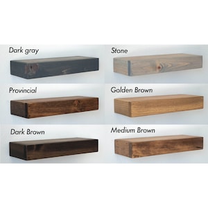 May include: Six wooden shelves in different stain colors: dark gray, stone, provincial, golden brown, dark brown, and medium brown.