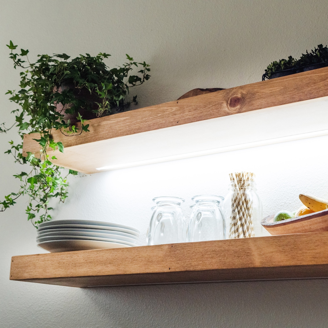 LED Bar Shelving Rustic Pine Floating Shelves Kitchen Etsy