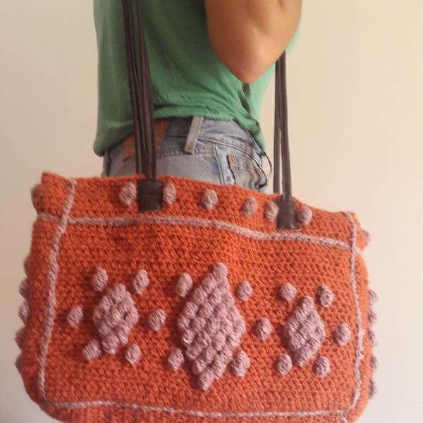 sac fantaisie cabas fourre-tout en laine orange et parme- Fancy wool tote bag