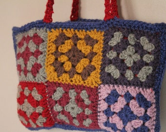 100% wool handbag lined in suede. multicolored crochet vintage tiles. hand bag wool