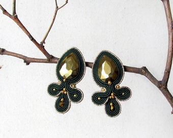 Soutache earrings Clip on earrings Green gold Statement chunky clip on earrings Art deco earrings Woman valentines gift under 30