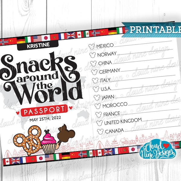 Personalized Snacking Around the World Passport for Epcot, Snacking List for Kids, Snacks around the World, Travel Journal, Epcot