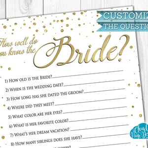 Op de afbeelding: Een printbaar bruiloftsspel met een gouden glitterachtergrond en de tekst "How well do you know the Bride?" met acht vragen om te beantwoorden over de bruid.