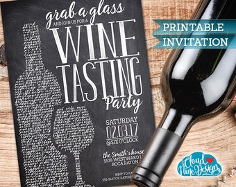 May include: Printable invitation for a wine tasting party. The invitation features a chalkboard background with a white silhouette of a wine bottle and glass. The text reads "grab a glass and join us for a wine tasting party" with the date and time of the event.