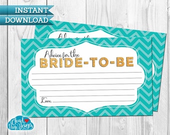 Advice For The Bride-To-Be - Bridal Shower Card - Instant Download, Teal Chevron- Gold Glitter- Printable - Wedding Shower Decor