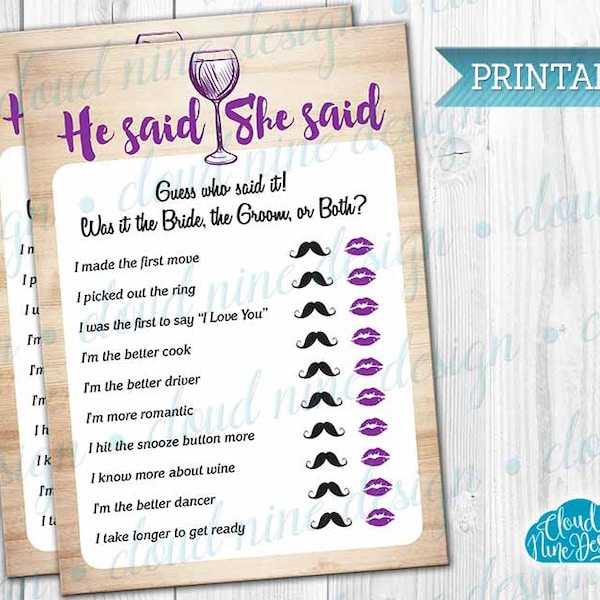 He Said She Said-Bridal Shower Game-Instant Download, Wine Tasting Bridal Shower-Printable game-Wine Themed Wedding Shower-Bachelorette Game