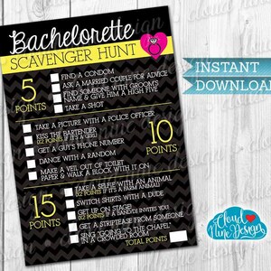 Op de afbeelding: Een zwart-gele bachelorette-speurtochtkaart met een lijst met taken om te voltooien voor punten. De kaart heeft een zigzagpatroon en de tekst "Direct downloaden" in een blauwe box.