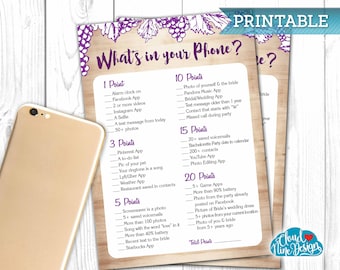 Bachelorette Party Game - What's in your phone  - Instant Download, Wine Tasting Bachelorette - Printable game - Wine Themed Wedding