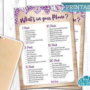 May include: Printable game card with a purple grapevine design. The card has the title "What's in your Phone?" and lists a series of questions and points for a bridal shower game.
