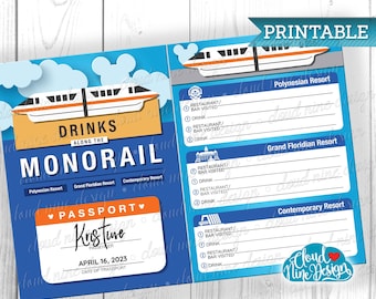 May include: A printable travel itinerary titled "Drinks Along the Monorail" with a blue and white design. The itinerary includes sections for Polynesian, Grand Floridian, and Contemporary Resorts, with space to record restaurant visits and drinks.