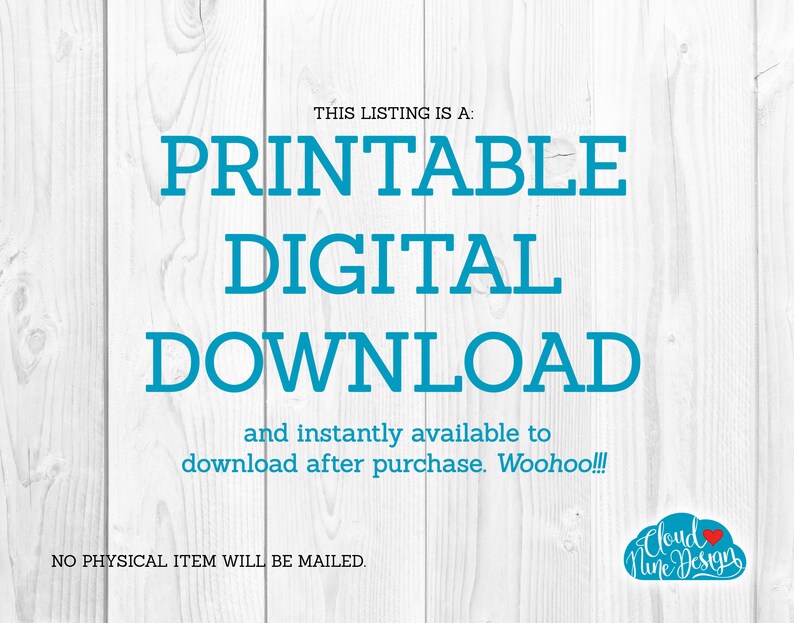 Peut inclure: Un graphique de t&eacute;l&eacute;chargement num&eacute;rique avec du texte bleu sur un fond en bois blanc. Le texte indique "Cette liste est un&nbsp;: T&eacute;l&eacute;chargement num&eacute;rique imprimable et instantan&eacute;ment disponible au t&eacute;l&eacute;chargement apr&egrave;s l'achat. Youpi&nbsp;!!!" Le graphique comprend &eacute;galement le texte "AUCUN ARTICLE PHYSIQUE NE SERA EXP&Eacute;DI&Eacute;." et un logo qui indique "Cloud Nine Design".