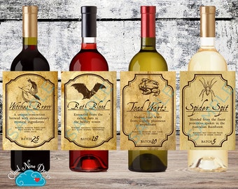May include: Four bottles of wine with unique labels. The labels feature the names "Witches Brow", "Bat Blood", "Toad Warts", and "Spider Spit". Each label has a vintage design with illustrations and text. The bottles have different colored wine and bottle caps.