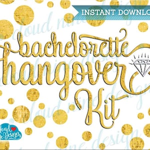 Op de afbeelding: Goud glitter bachelorette katerkit-afbeelding met een diamantgrafiek en de tekst "bachelorette hangover kit" op een witte achtergrond met gouden glitter stippen.