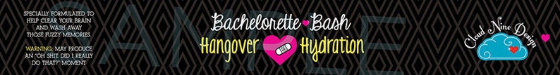 Puede incluir: Un gr&aacute;fico en blanco y negro con un fondo de patr&oacute;n de diamantes negros. El texto "Bachelorette Bash Hangover Hydration" est&aacute; en amarillo y blanco. Un coraz&oacute;n rosa con una venda blanca est&aacute; en el centro. El texto "Cloud Nine Design" est&aacute; en blanco con una nube azul y un coraz&oacute;n rosa.