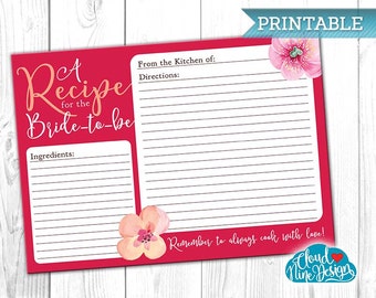 Recipe Card - Bridal Shower Recipe - Printable card - {INSTANT DOWNLOAD} - DIY - Recipe for the Bride - Bride's Stationery
