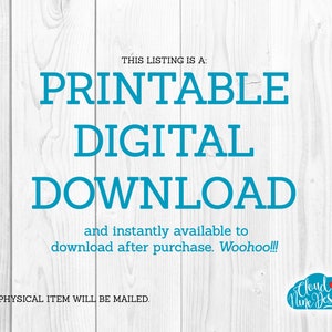 Puede incluir: Un gr&aacute;fico de descarga digital con texto azul sobre un fondo de madera blanca. El texto dice "Esta lista es una: Descarga digital imprimible y disponible instant&aacute;neamente para descargar despu&eacute;s de la compra. &iexcl;Woohoo!!!" El gr&aacute;fico tambi&eacute;n incluye el texto "NO SE ENVIAR&Aacute; NING&Uacute;N ART&Iacute;CULO F&Iacute;SICO." y un logotipo que dice "Cloud Nine Design".