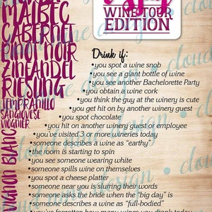 Puede incluir: Una tarjeta imprimible rosa y blanca con el texto "Bachelorette I Spy Wine Tour Edition" y una lista de indicaciones para un juego de beber para una despedida de soltera. Las indicaciones incluyen cosas como "ves a un snob del vino" y "ves una botella de vino gigante".