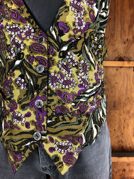 90s Vintage Paisley Olive Green & Purple Sequin V… - image 5