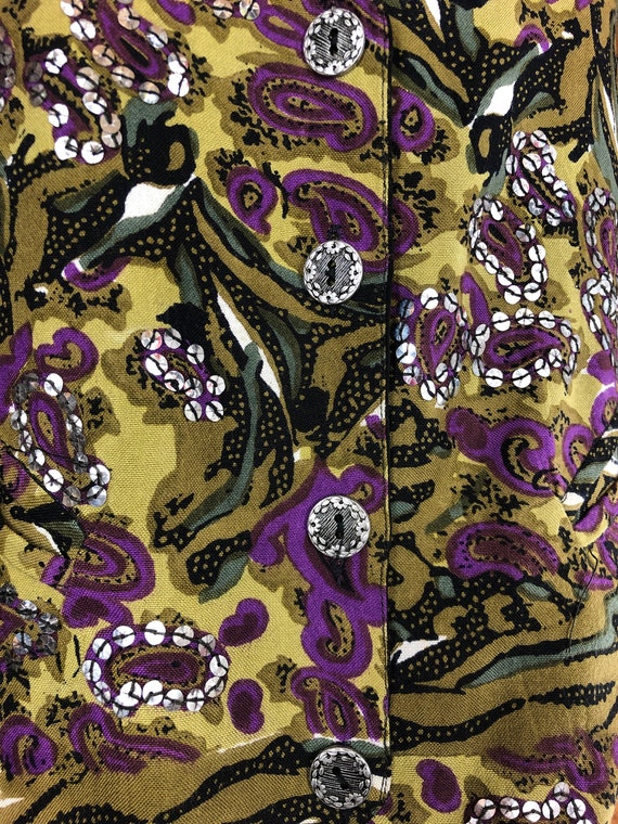 90s Vintage Paisley Olive Green & Purple Sequin V… - image 7