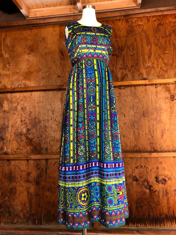 Vintage 60s Day Glo Psychadelic Empire Waist Maxi… - image 4