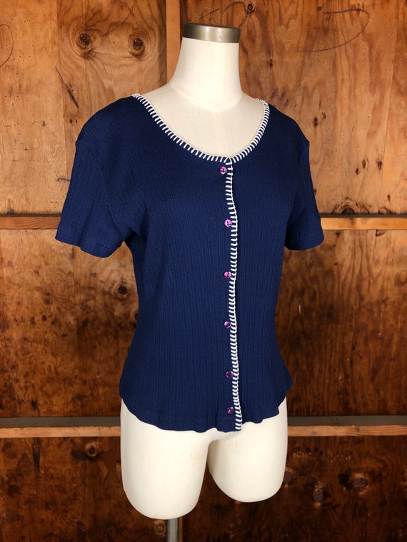 Vintage 90s NOS Navy Blue Filati Ribbed Top with … - image 7