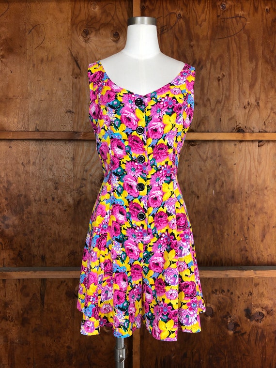 Vintage 90s Bright Pink & Yellow Floral Flowy Sho… - image 2