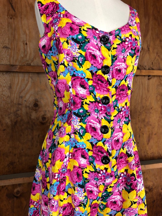 Vintage 90s Bright Pink & Yellow Floral Flowy Sho… - image 3