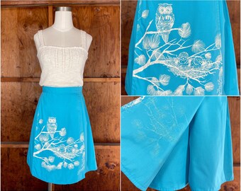 Vintage 70s Aqua Blue Flamstead of Vermont Owl Print Skort, Skirt, Shorts