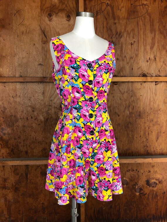 Vintage 90s Bright Pink & Yellow Floral Flowy Sho… - image 5