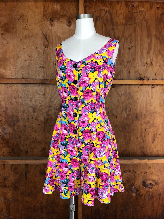 Vintage 90s Bright Pink & Yellow Floral Flowy Sho… - image 10