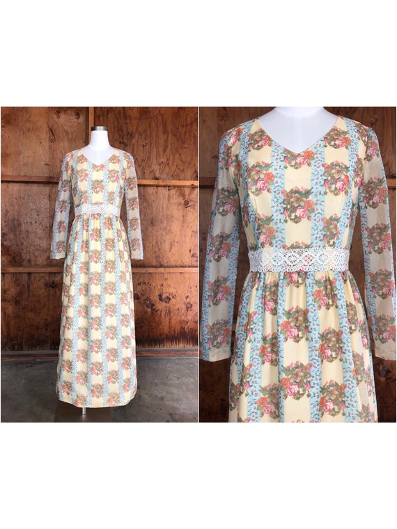Vintage 70s Cream Floral Chiffon Maxi Dress - Gem