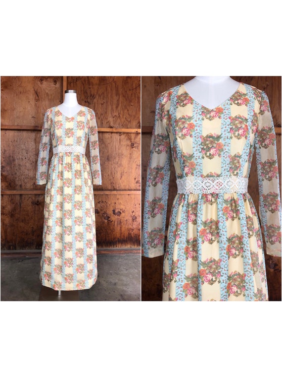 Vintage 70s Cream Floral Chiffon Maxi Dress