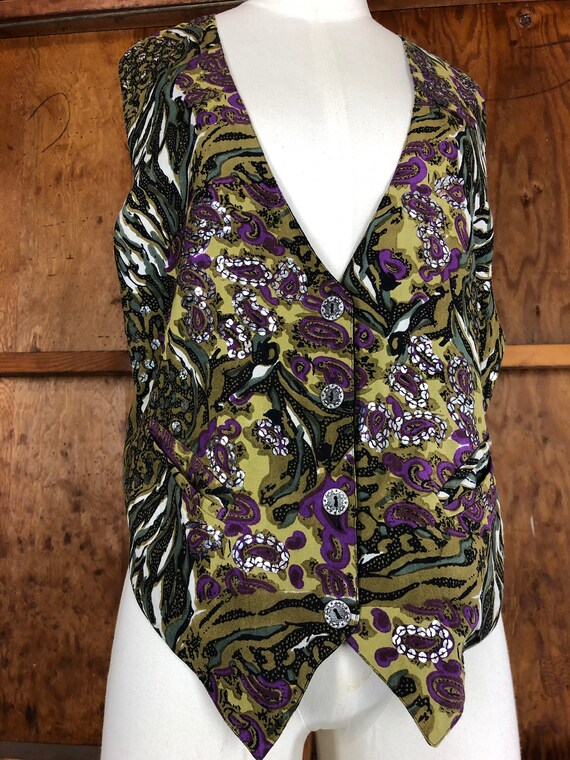 90s Vintage Paisley Olive Green & Purple Sequin V… - image 4