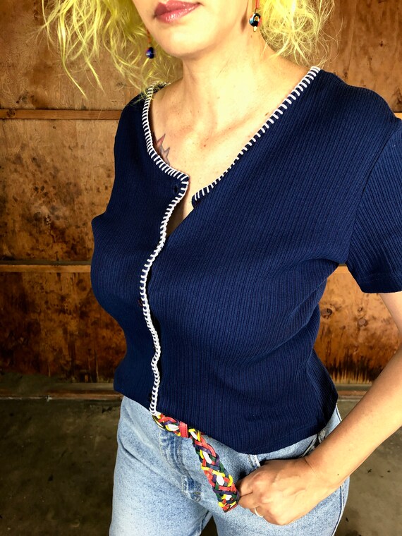 Vintage 90s NOS Navy Blue Filati Ribbed Top with … - image 9