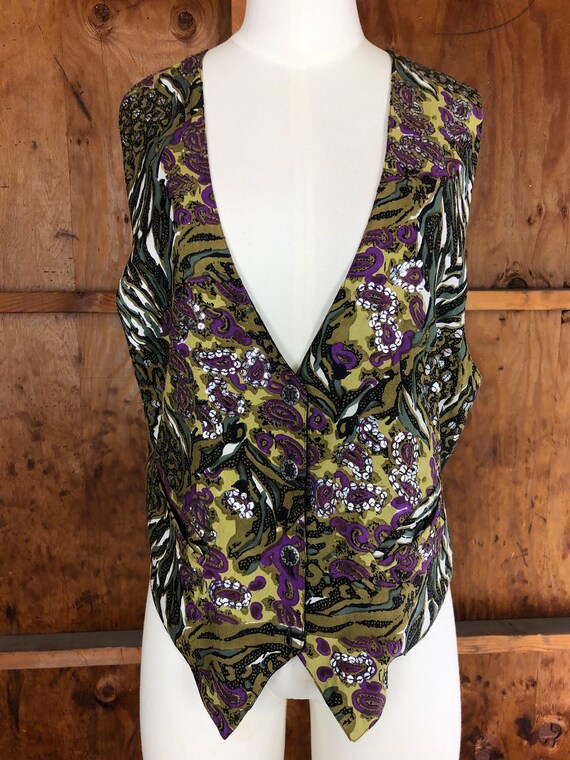 90s Vintage Paisley Olive Green & Purple Sequin V… - image 2